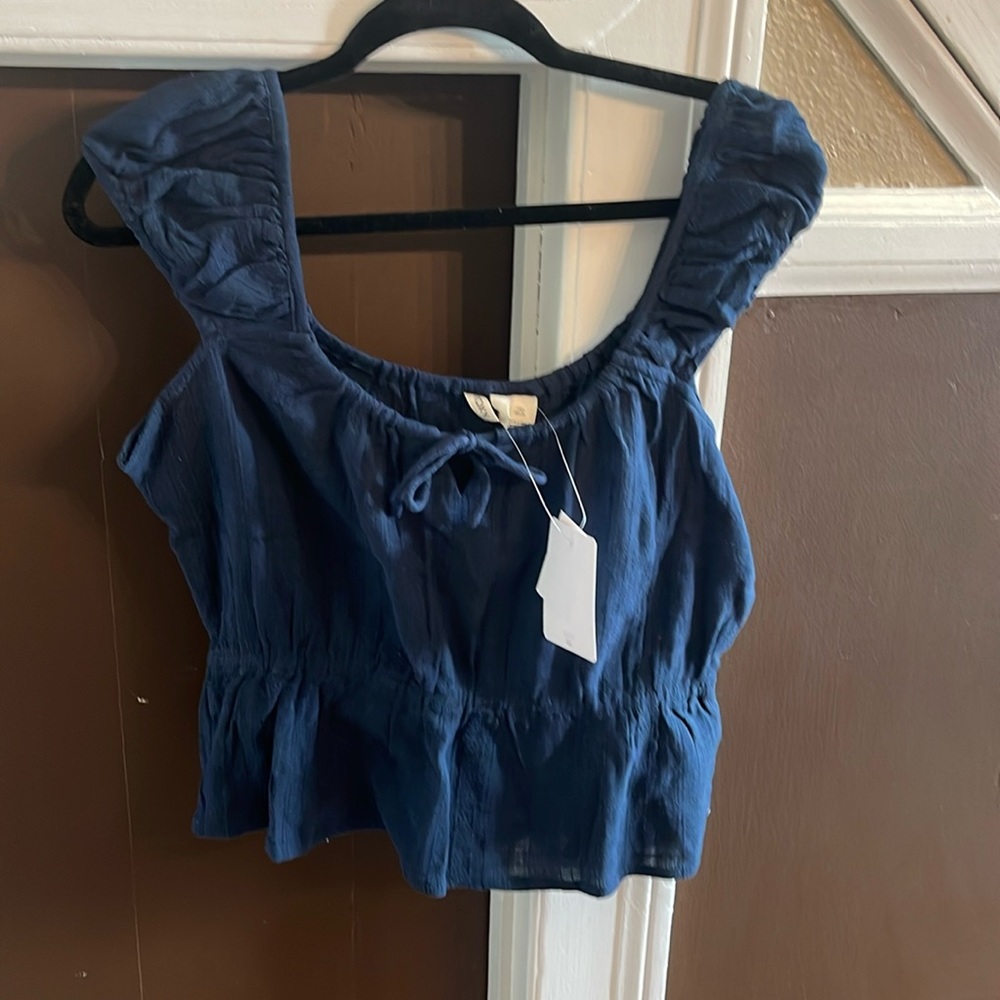 Roxy Navy Blue Ruffled Sleeve Cropped peasant Blouse